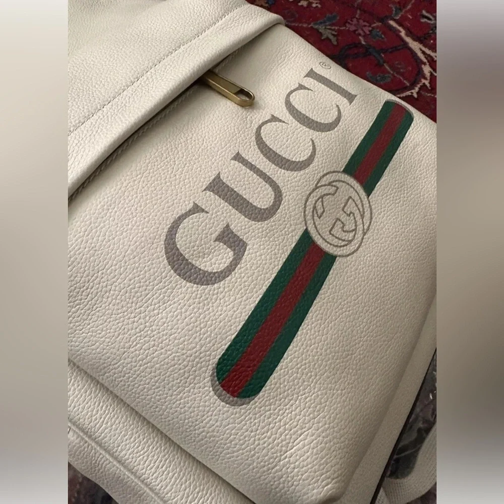 Gucci Web Logo Cripto Print Leather Ecru Color Authentic Women (Unisex) Backpack - Picture 11 of 15